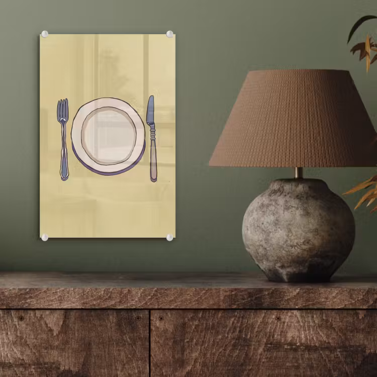 Glas schilderij - Illustratie - Bord - Bestek - Beige — 4