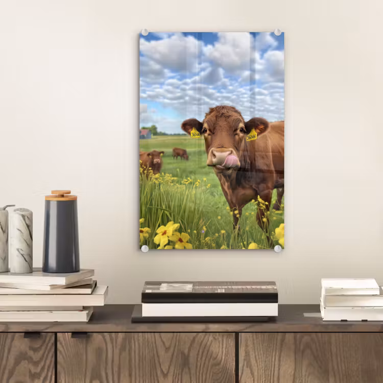 Glas schilderij - Koe - Weide - Bloemen — 2