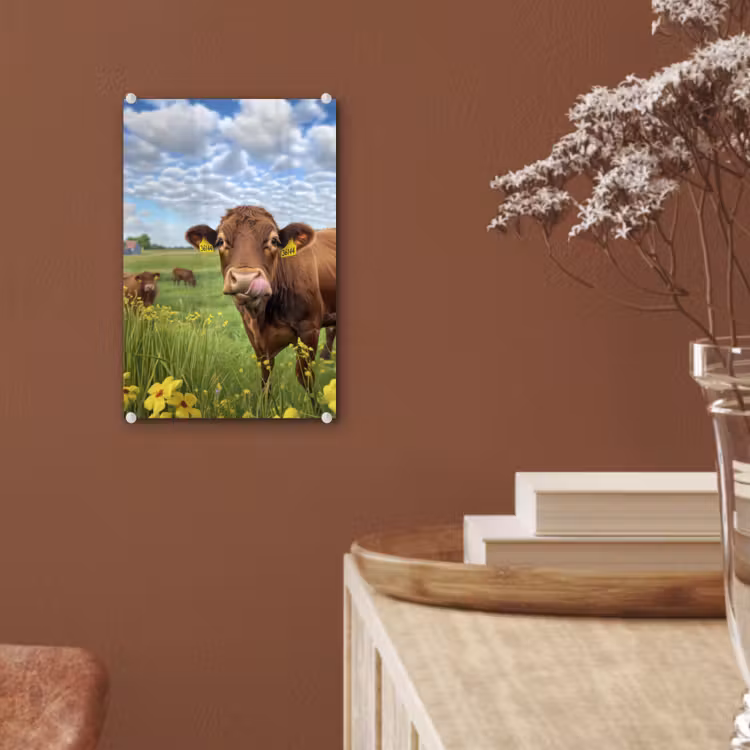 Glas schilderij - Koe - Weide - Bloemen — 6