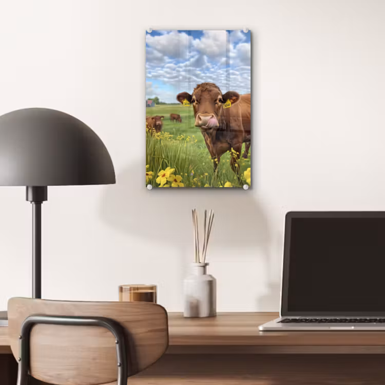 Glas schilderij - Koe - Weide - Bloemen — 7