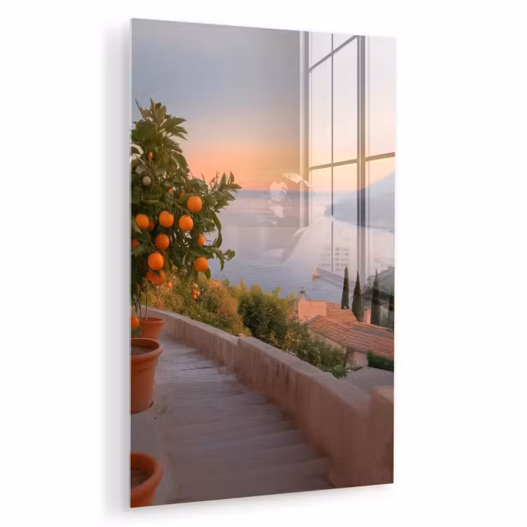 Glas schilderij - Middelandse zee - Sinaasappel - Heuvels - Zee — 1