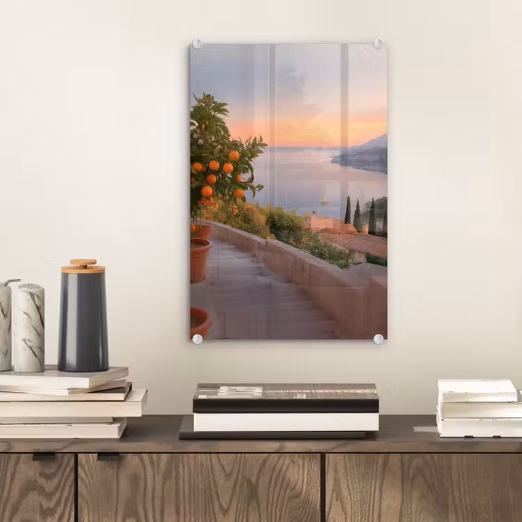 Glas schilderij - Middelandse zee - Sinaasappel - Heuvels - Zee — 2