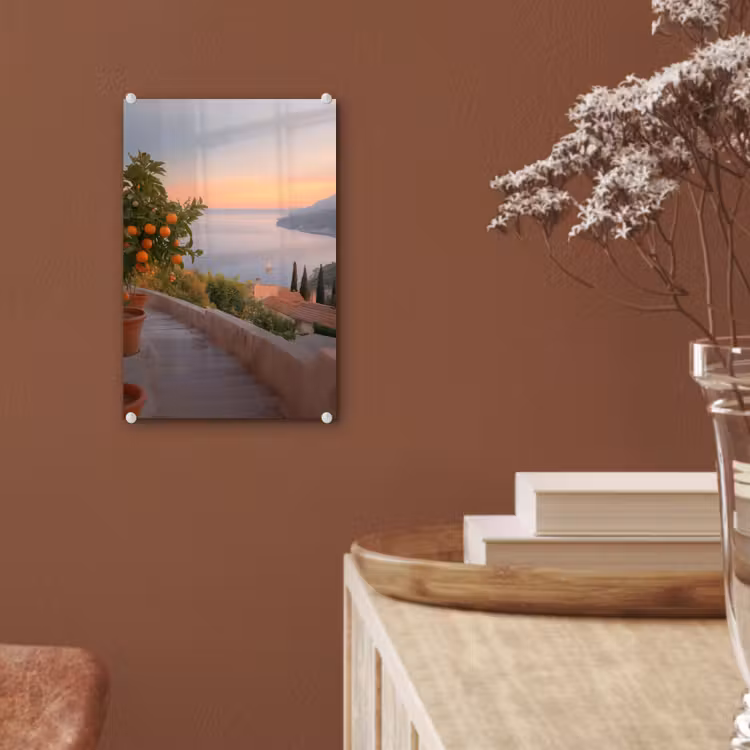 Glas schilderij - Middelandse zee - Sinaasappel - Heuvels - Zee — 6