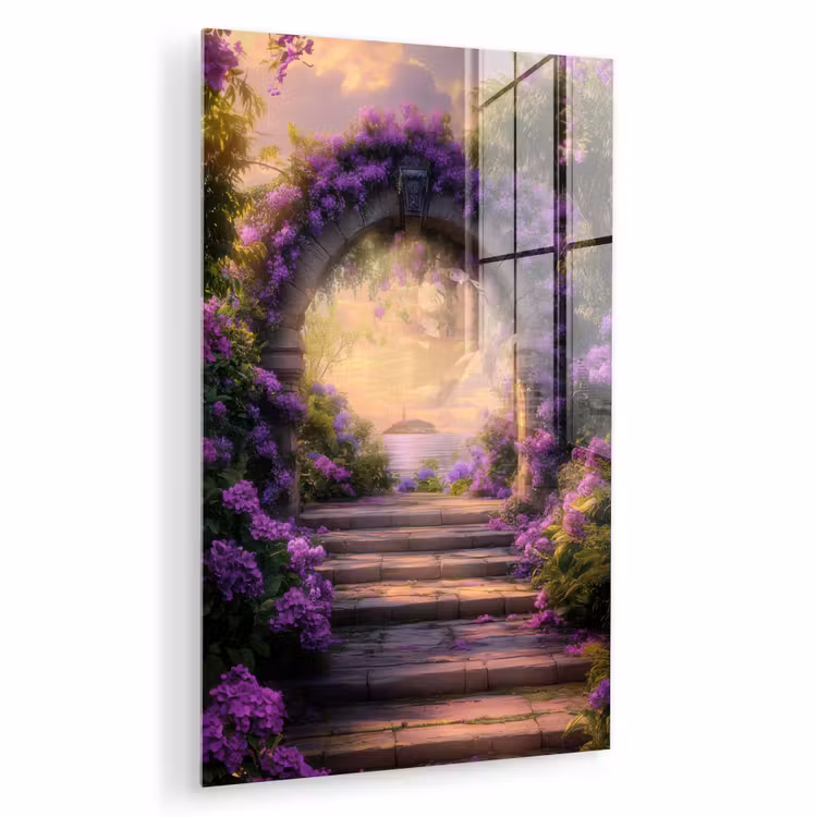 Glas schilderij - Poort - Paars - Bloemen — 1