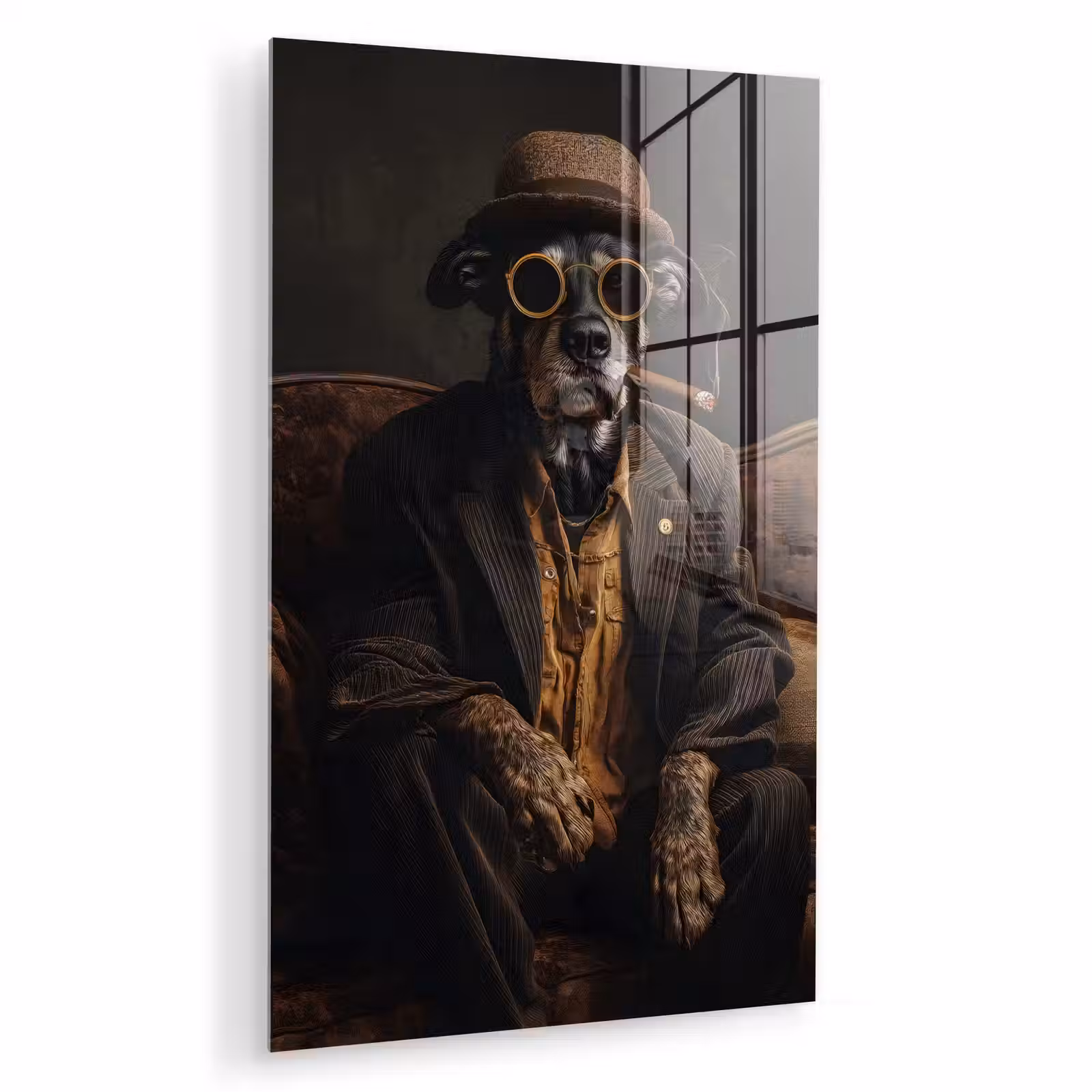 Glas schilderij - Hond - Sigaar - Hoed - Pak — 1
