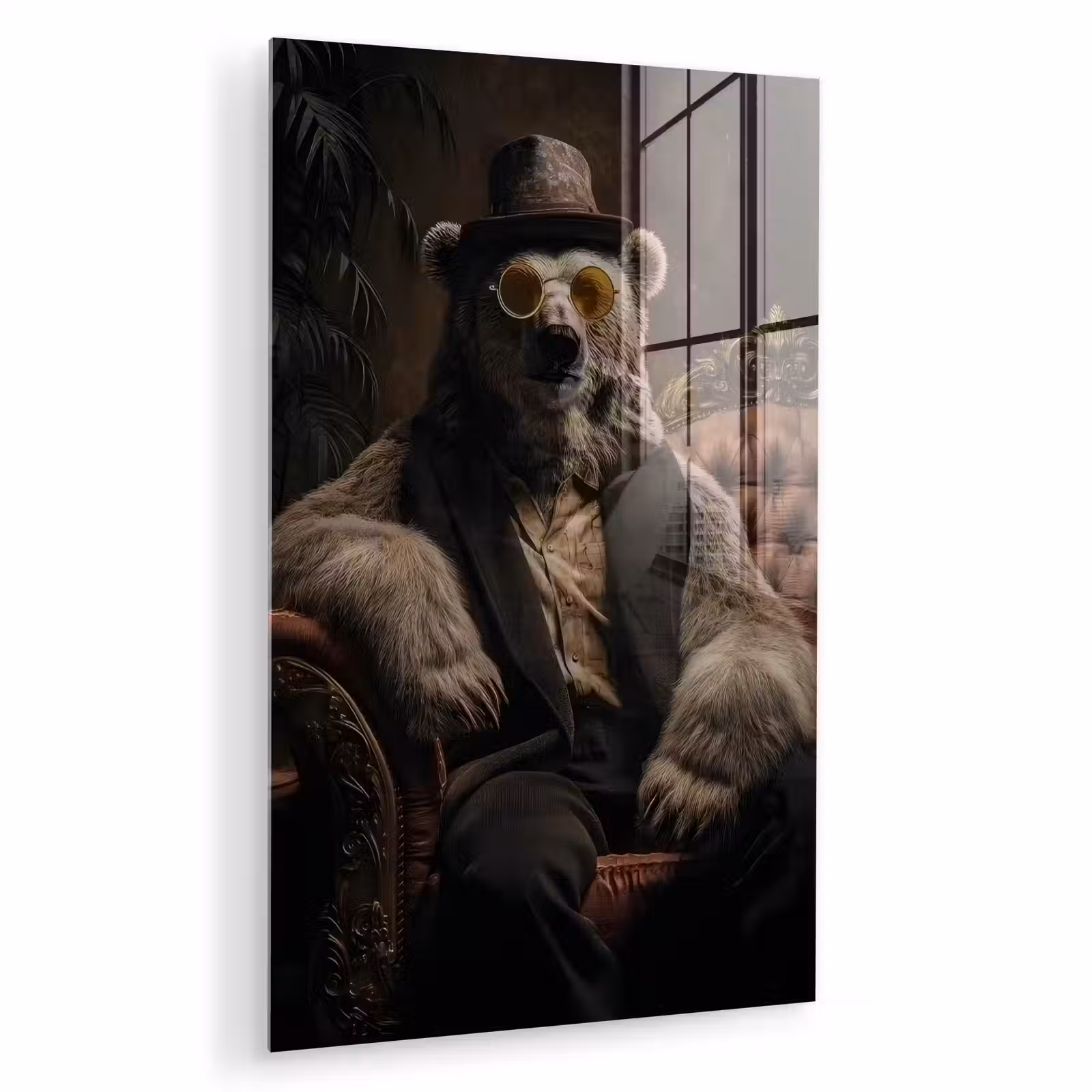 Glas schilderij - Ijsbeer - Hoed - Bril - Stoel — 1