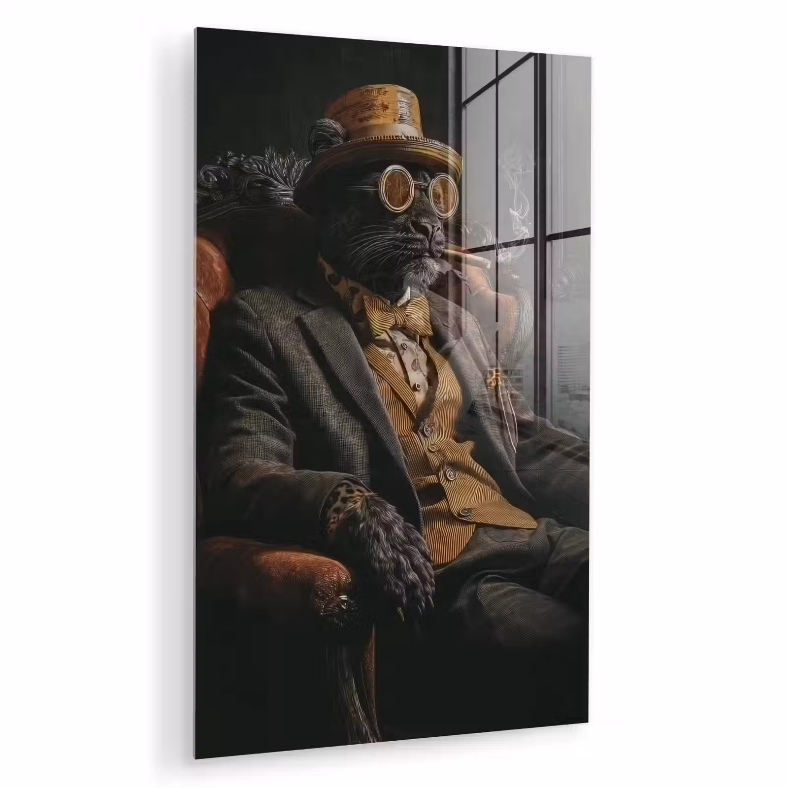 Glas schilderij - Kat - Pak - Oranje - Sigaar — 1