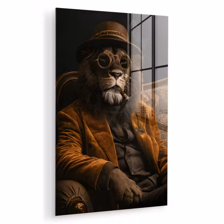Glas schilderij - Bril - Leeuw - Bank - Hoed — 1