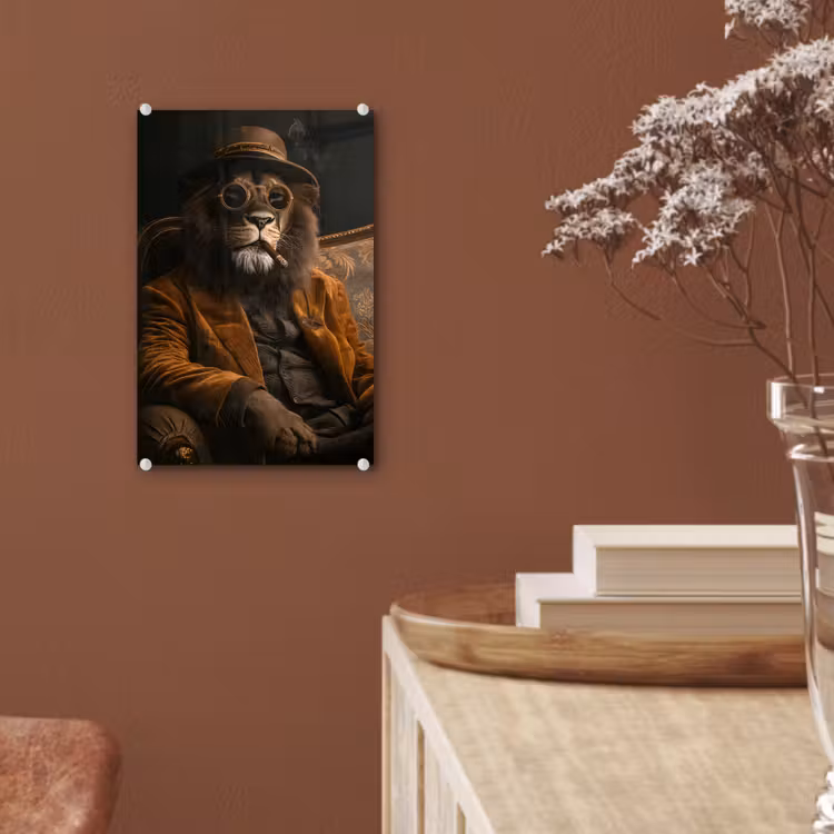 Glas schilderij - Bril - Leeuw - Bank - Hoed — 6