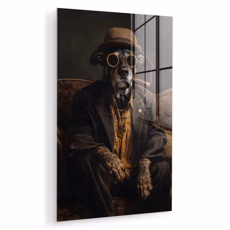 Glas schilderij - Hond - Sigaar - Hoed - Pak — 1