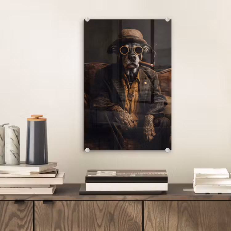 Glas schilderij - Hond - Sigaar - Hoed - Pak — 2