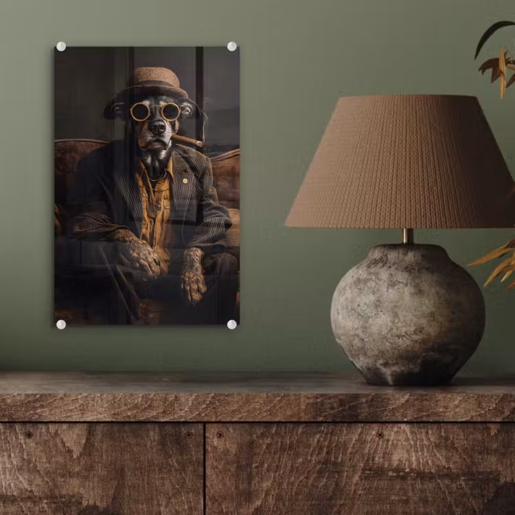 Glas schilderij - Hond - Sigaar - Hoed - Pak — 4