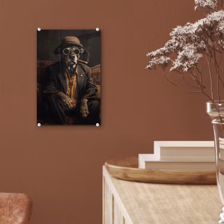 Glas schilderij - Hond - Sigaar - Hoed - Pak — 6