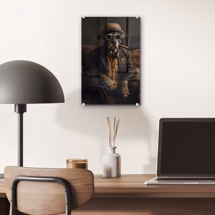 Glas schilderij - Hond - Sigaar - Hoed - Pak — 7