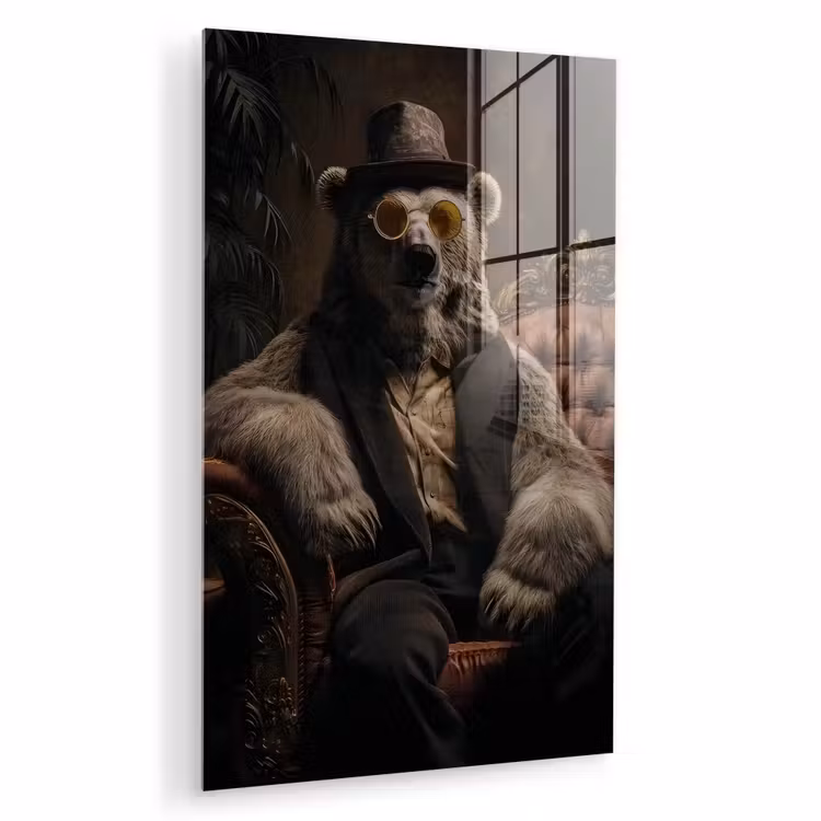 Glas schilderij - Ijsbeer - Hoed - Bril - Stoel — 1