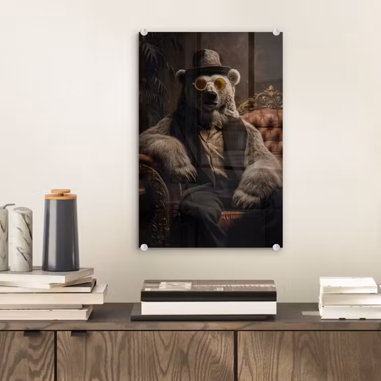 Glas schilderij - Ijsbeer - Hoed - Bril - Stoel — 2
