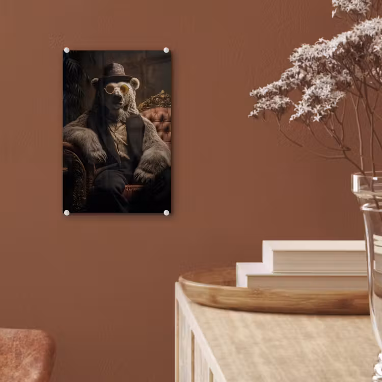Glas schilderij - Ijsbeer - Hoed - Bril - Stoel — 6