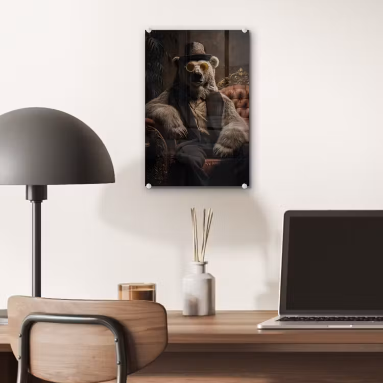 Glas schilderij - Ijsbeer - Hoed - Bril - Stoel — 7