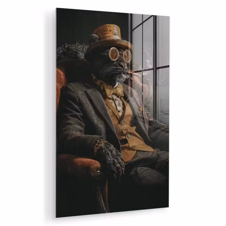 Glas schilderij - Kat - Pak - Oranje - Sigaar — 1