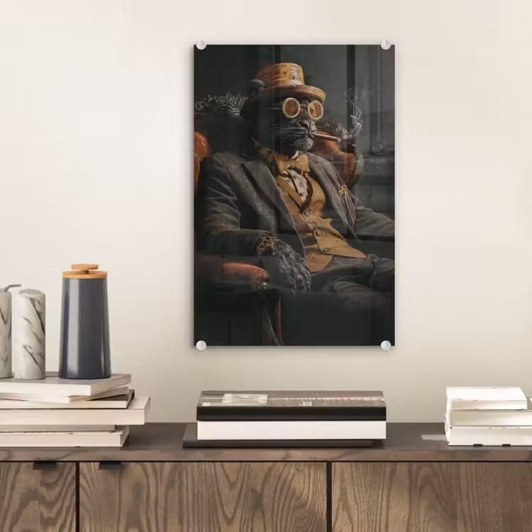 Glas schilderij - Kat - Pak - Oranje - Sigaar — 2