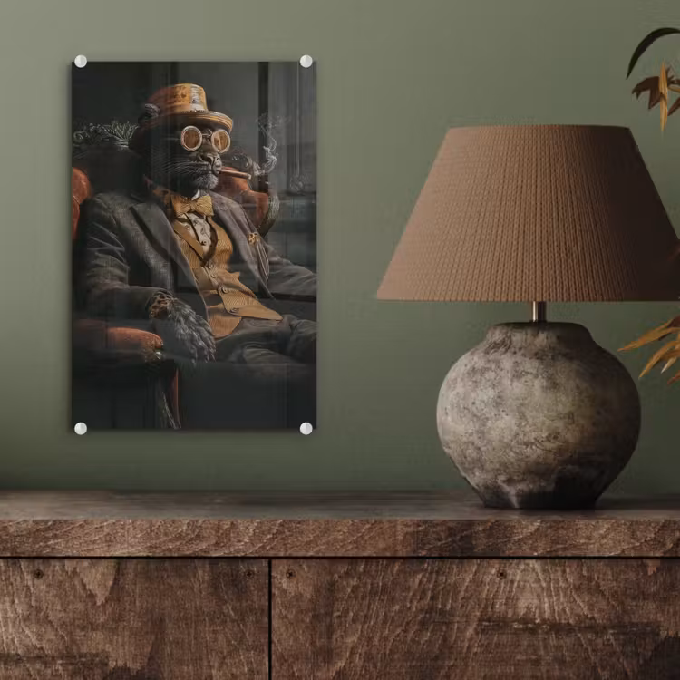 Glas schilderij - Kat - Pak - Oranje - Sigaar — 4