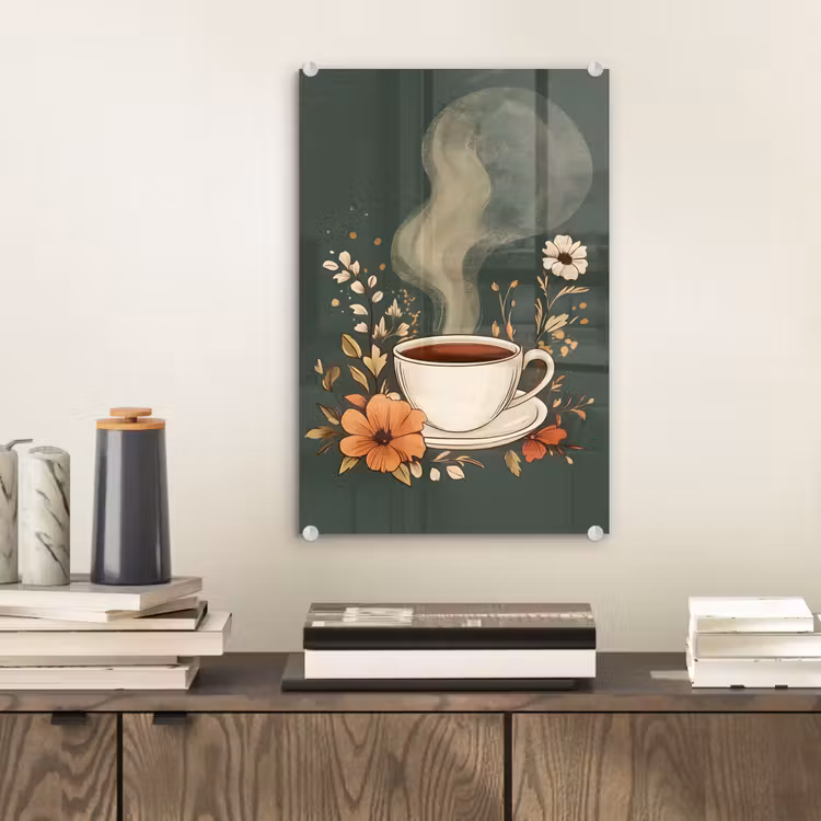 Glas schilderij - Kop - Bloemen - Groen - Koffie — 2