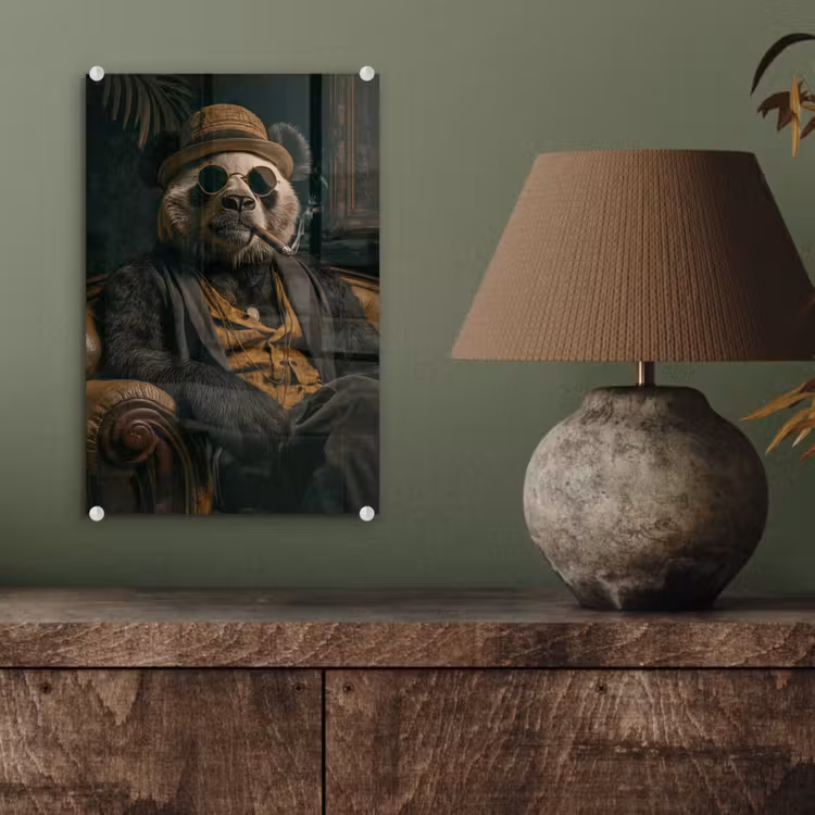 Glas schilderij - Panda - Hoed - Bril - Pak — 4