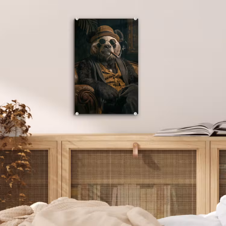 Glas schilderij - Panda - Hoed - Bril - Pak — 5