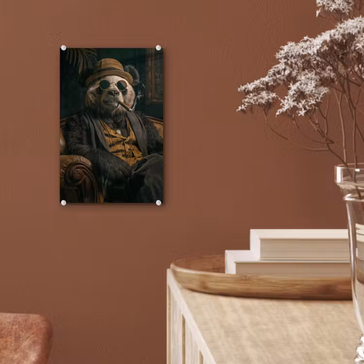 Glas schilderij - Panda - Hoed - Bril - Pak — 6