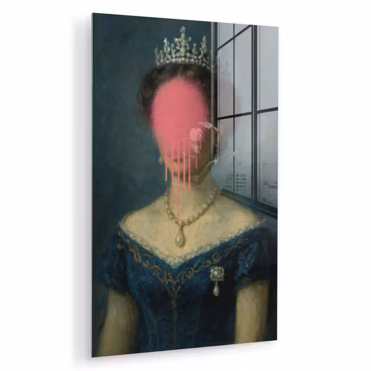 Glas schilderij - Kroon - Roze druipend verf - Portret — 1