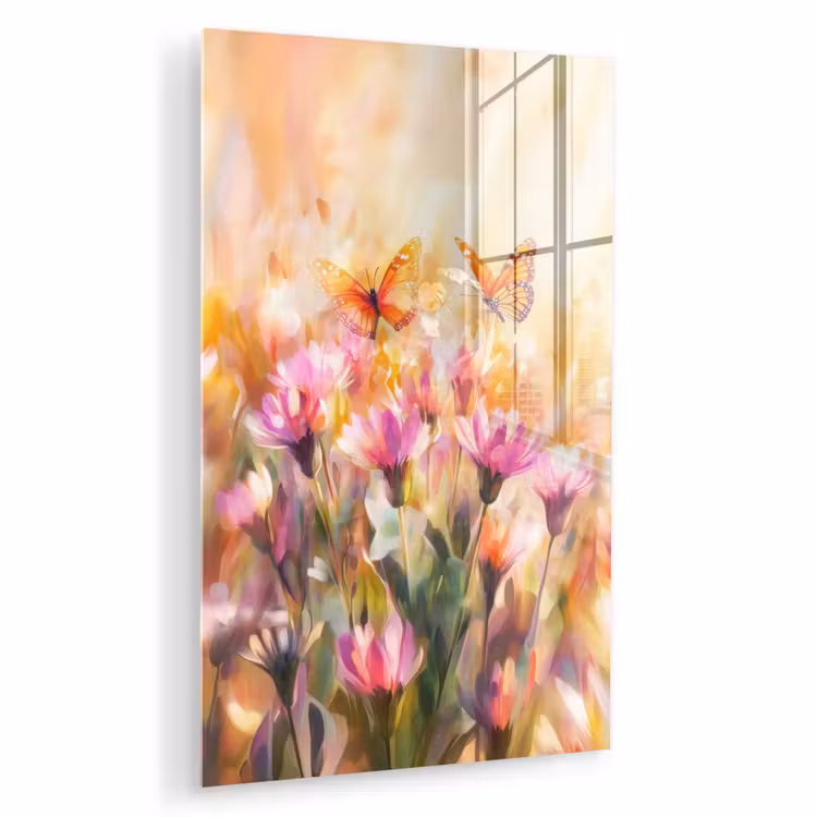 Glas schilderij - Vlinders - Oranje - Bloemen — 1