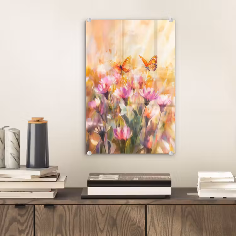 Glas schilderij - Vlinders - Oranje - Bloemen — 2