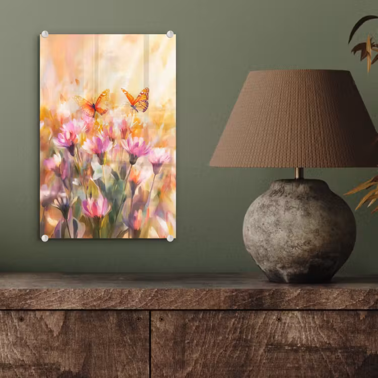 Glas schilderij - Vlinders - Oranje - Bloemen — 4