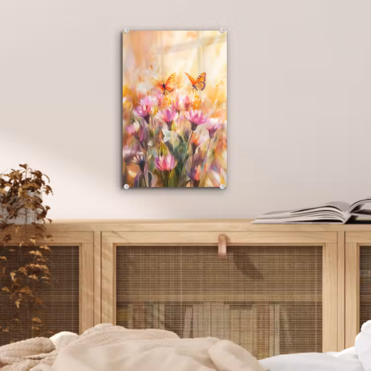 Glas schilderij - Vlinders - Oranje - Bloemen — 5