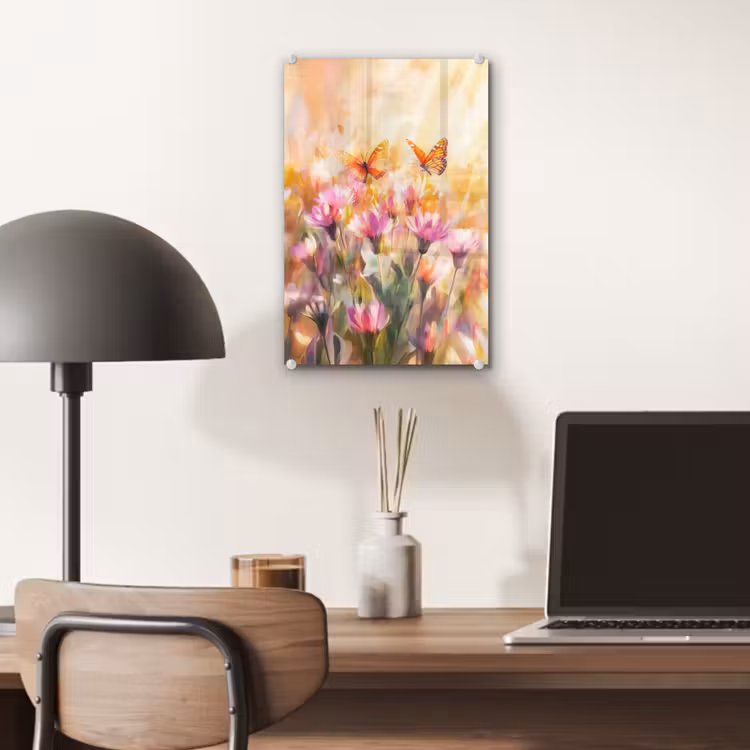 Glas schilderij - Vlinders - Oranje - Bloemen — 7