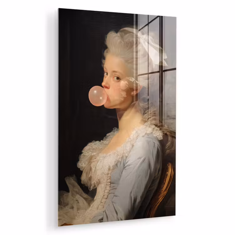 Glas schilderij - Vrouw - Barokjurk - Kauwgom — 1