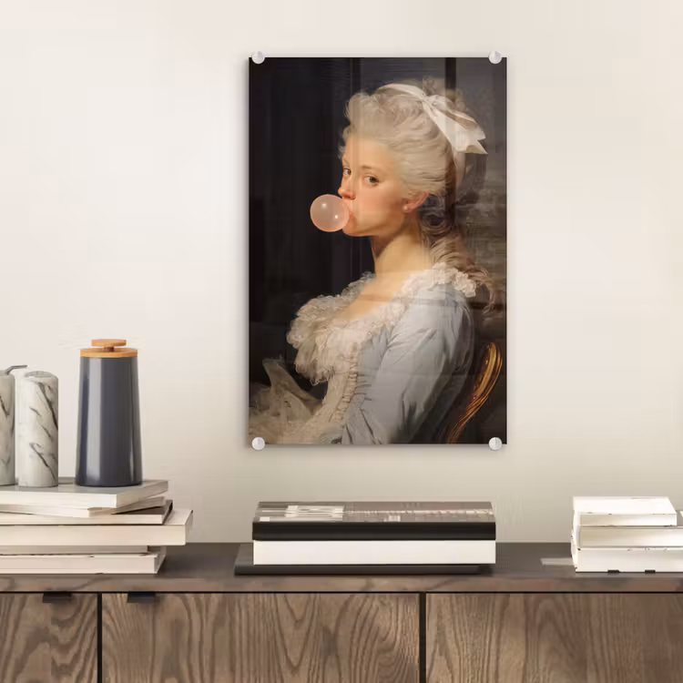 Glas schilderij - Vrouw - Barokjurk - Kauwgom — 2