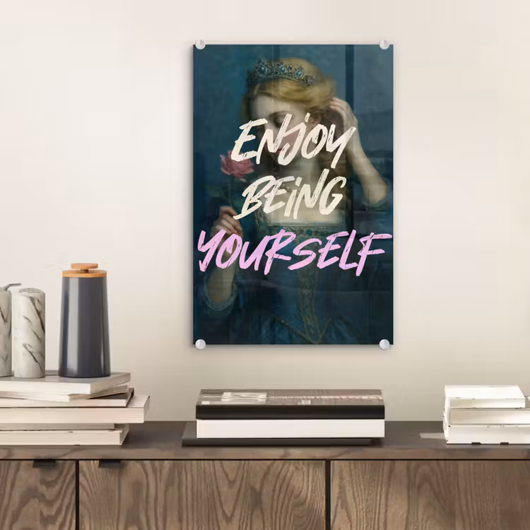 Glas schilderij - Vrouw - Roos - Quote — 2