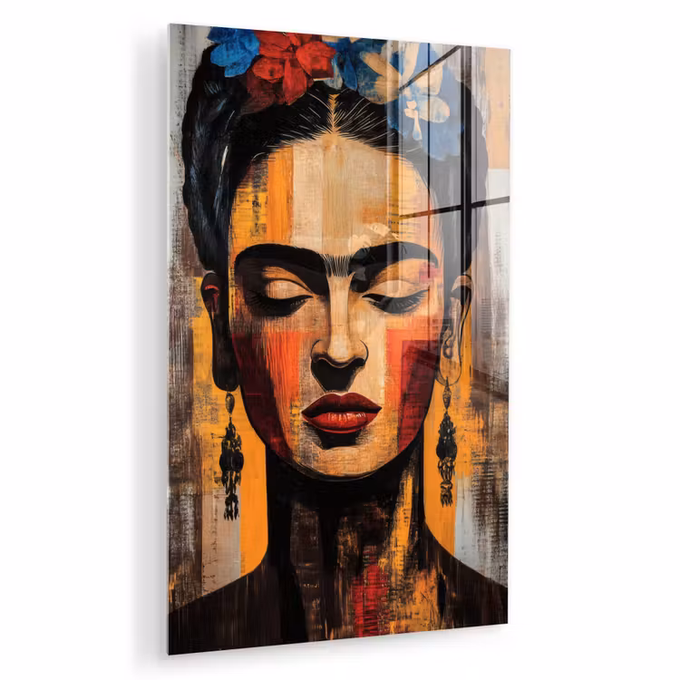 Glas schilderij - Portret - Vrouw - Bloemen — 1