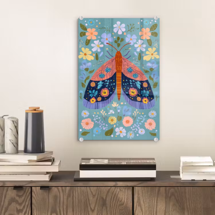 Glas schilderij - Vlinder - Sierlijk - Bloemen - Bladeren — 2