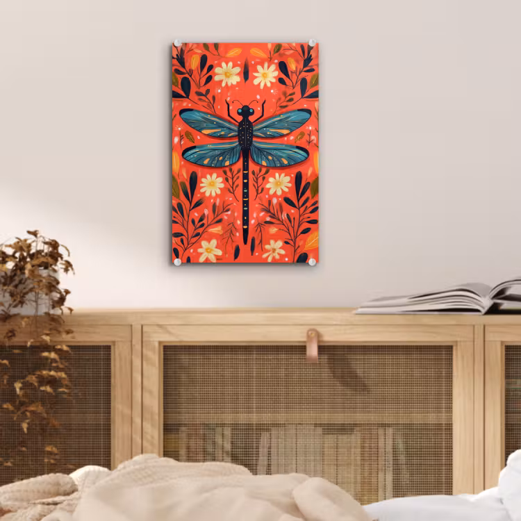 Glas schilderij - Libel - Blauw - Vleugels - Bladeren — 5