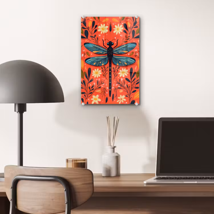 Glas schilderij - Libel - Blauw - Vleugels - Bladeren — 7