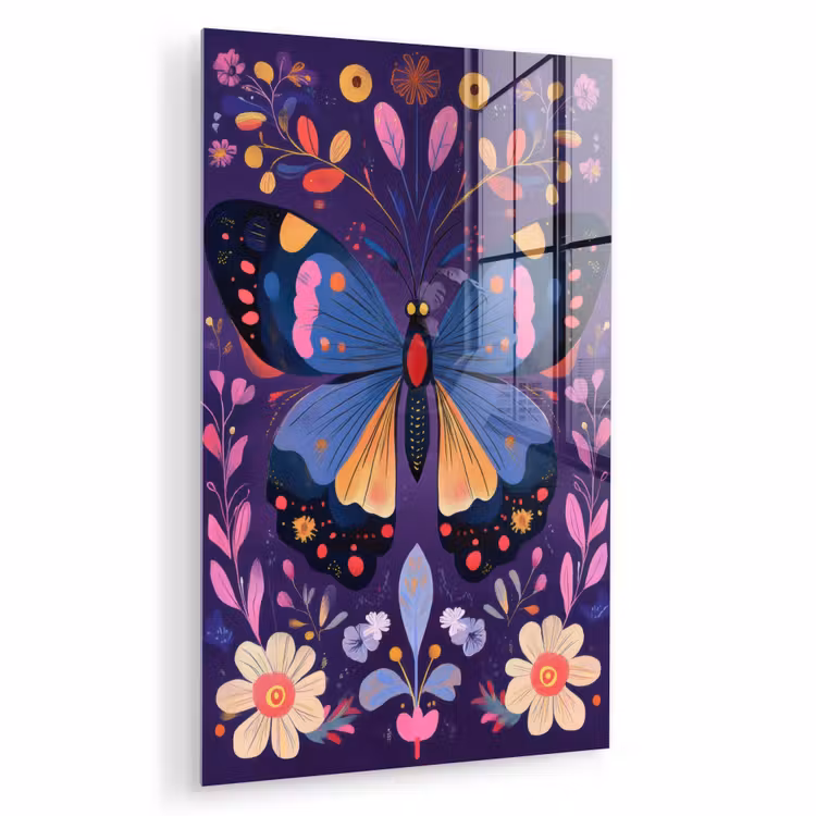 Glas schilderij - Sierlijk - Bloemen - Vlinder - Paars — 1