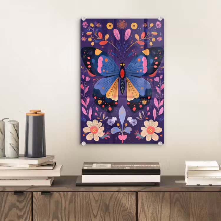 Glas schilderij - Sierlijk - Bloemen - Vlinder - Paars — 2