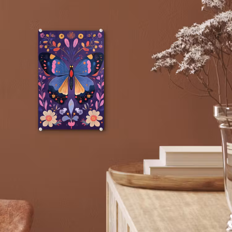 Glas schilderij - Sierlijk - Bloemen - Vlinder - Paars — 6