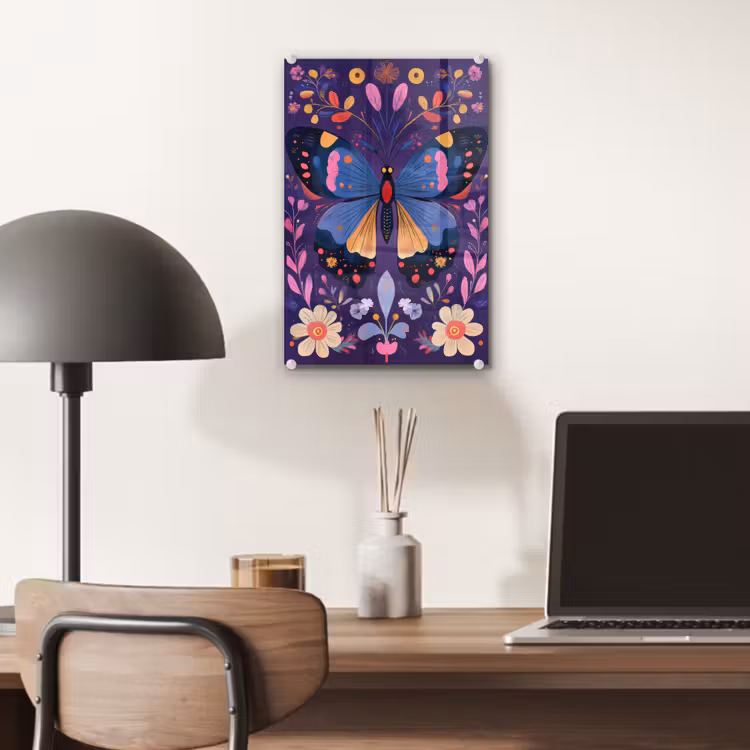 Glas schilderij - Sierlijk - Bloemen - Vlinder - Paars — 7