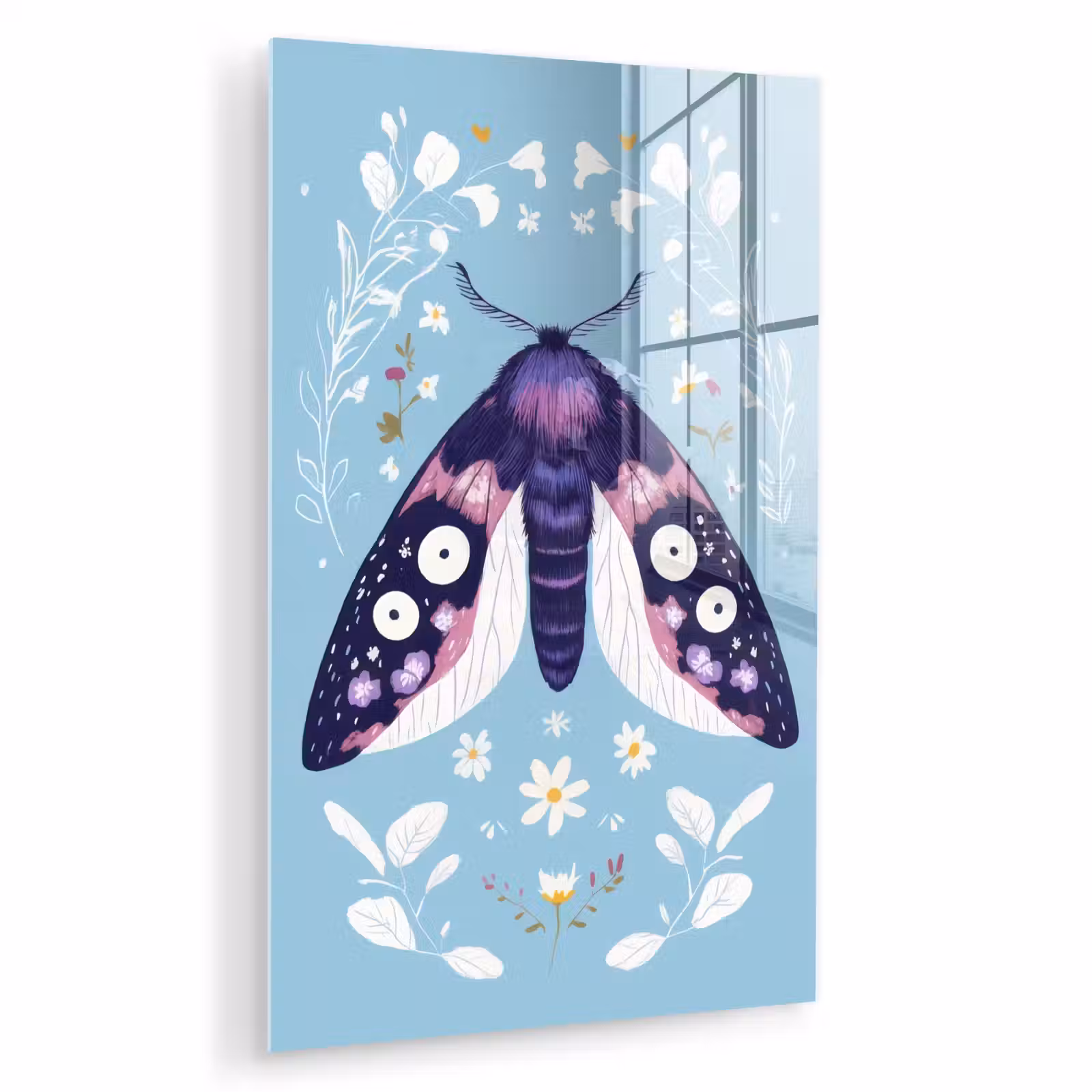 Glas schilderij - Bladeren - Wit - Vlinder - Insect — 1