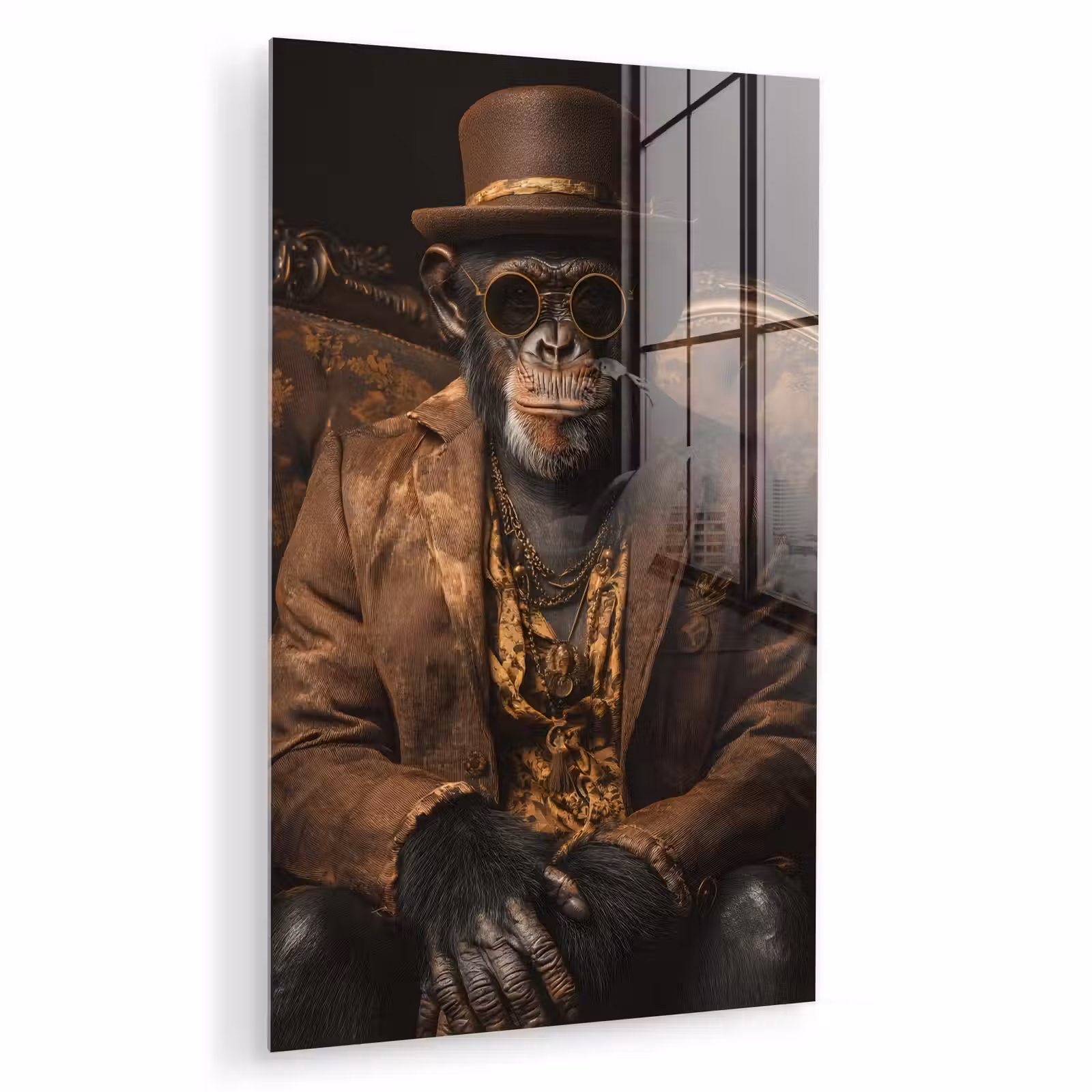 Glas schilderij - Chimpansee - Stoel - Pak - Bruin — 1