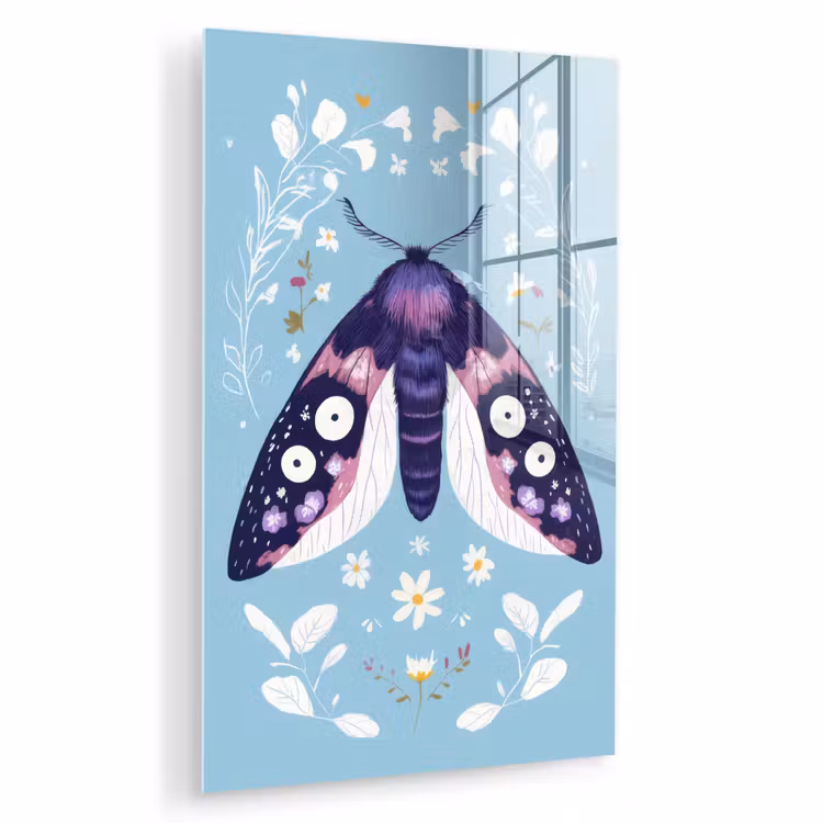Glas schilderij - Bladeren - Wit - Vlinder - Insect — 1