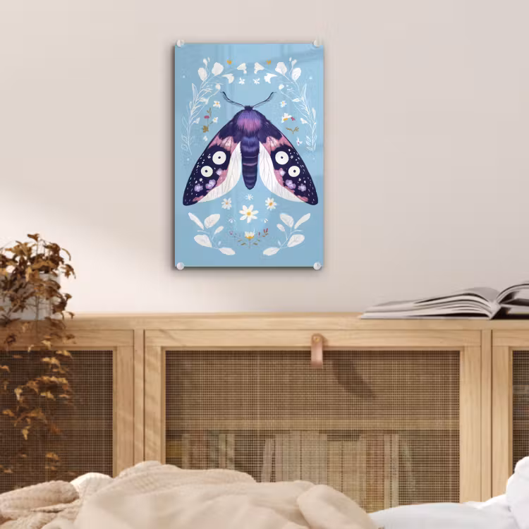Glas schilderij - Bladeren - Wit - Vlinder - Insect — 5